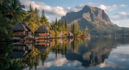 Obraz premium The best beach for snorkeling in Tahiti, French Polynesia, features overwater bungalows
