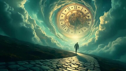 Time travel fantasy clock clouds sky man walking path surreal journey adventure dreamscape art. Dreamlike clock and clouds scene. Surreal sky with time mechanism. Fantasy clouds and clock art - Powered by Adobe