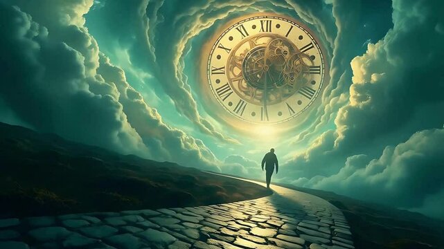 Time travel fantasy clock clouds sky man walking path surreal journey adventure dreamscape art. Dreamlike clock and clouds scene. Surreal sky with time mechanism. Fantasy clouds and clock art