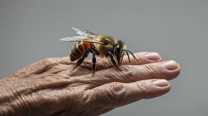 Close-up of honey bee on wrinkled elderly hand against gray background. Concept of connection between nature and aging