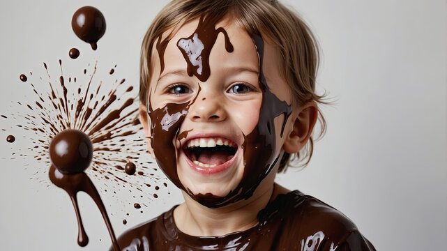 Laughing child covered in liquid chocolate with splash effect and joyful expression on white background. World Chocolate Day concept