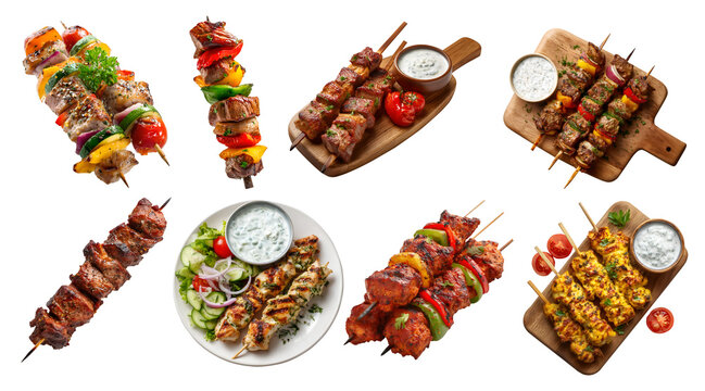 Set of Shish tikka meat vegetable grilled kebab kebob skewers, chicken lamb beef pork, serving wooden board, with sauce, plate, pile stack on transparent cutout PNG. Mockup template for design
