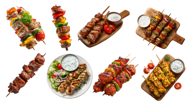 Set of Shish tikka meat vegetable grilled kebab kebob skewers, chicken lamb beef pork, serving wooden board, with sauce, plate, pile stack on transparent cutout PNG. Mockup template for design