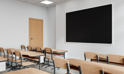 A classroom with a blackboard, desks, and chairs