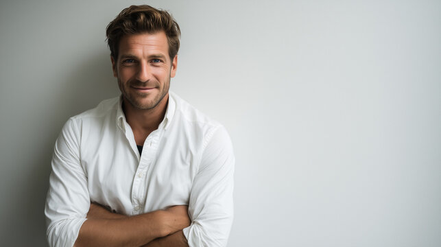 studio portrait of a iceland man 35 years old with arms crossed, warm smile, professional attire, simple clean white background