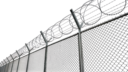 Chain Link Fence with Barbed Wire Mesh Pattern on Transparent Background

