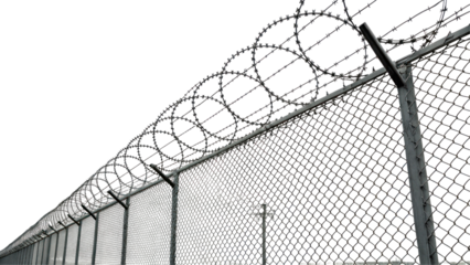 Chain Link Fence with Barbed Wire Mesh Pattern on Transparent Background

