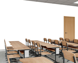 Free PNG wallpaper mockup in classroom Interior Design, Empty Classroom with Desks and Chairs, 3D rendering