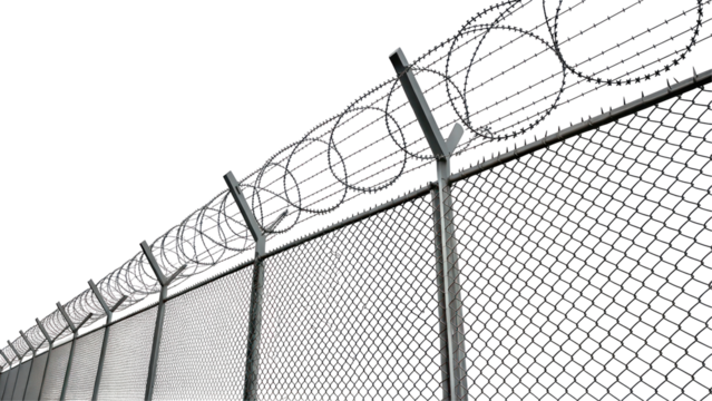 Chain Link Fence with Barbed Wire Mesh Pattern on Transparent Background