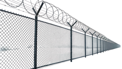 Chain Link Fence with Barbed Wire Mesh Pattern on Transparent Background

