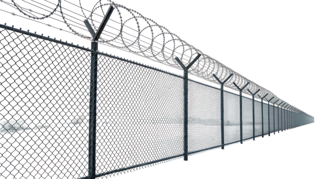Chain Link Fence with Barbed Wire Mesh Pattern on Transparent Background

