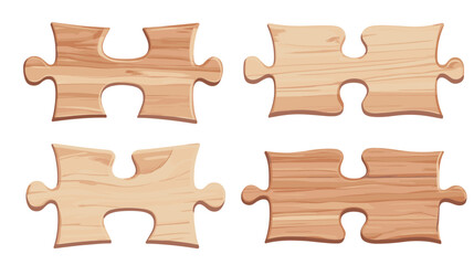 Four Beige Wooden Jigsaw Puzzle Pieces with Grained Detail on a White Background