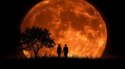 A couple holds hands silhouetted against a bright full moon and starry sky.