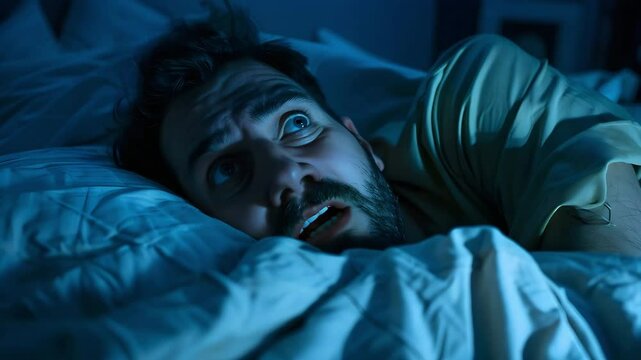 Scared man lying awake in bed at night under dark blanket, showing fear and anxiety with wide eyes struggling to sleep