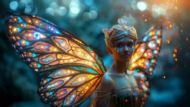 A mystical fairy with glowing elf wings and pointed ears stands in a forest, bathed in soft golden sunlight. Her serene expression and magical aura evoke a sense of fantasy and enchantment