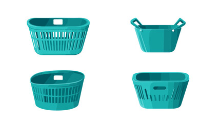 Four Turquoise Plastic Laundry Baskets of Varying Designs on a White Background