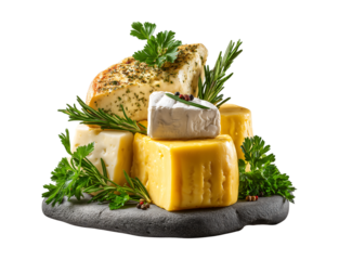A variety of cheeses, arranged in an aesthetically pleasing composition on a transparent background