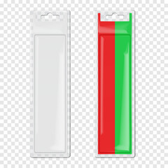 Hanging cardboard and clear plastic long rectangle blister box. Realistic 3d vector mockup. Blank transparent individual sleeve packaging with euro hole. Mock-up. Easy to edit. Template for design