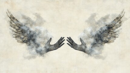 Wings and hands entwined in smoke, a delicate artistic depiction.