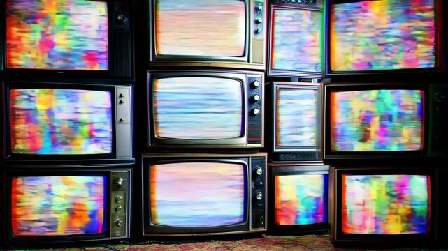 Vintage television set displaying colorful static in retro-styled room. Glitch art tv concept with nostalgic vibe. Visuals relating technology failure. Warm cozy lighting, old-school decor. Past time.
