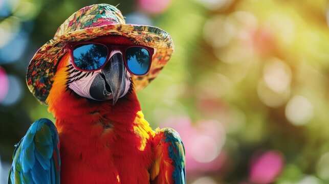 Colorful parrot wearing sunglasses and tropical hat against a vivid vibrant background, fun exotic bird character illustration for summer themes, tropical vacation concepts, and creative animal art de