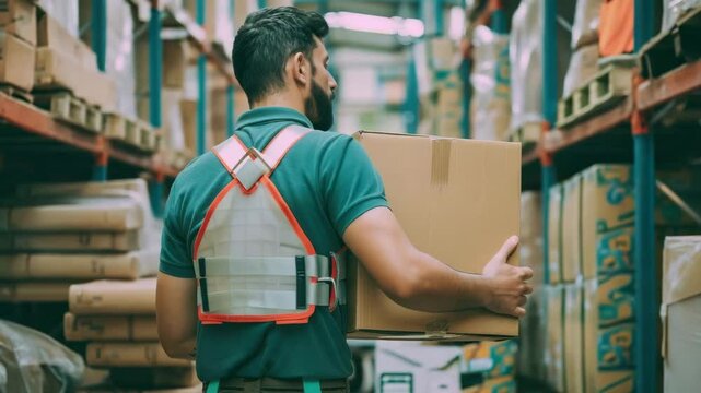 Warehouse worker lifting cardboard box in storage aisle with back support belt for safe manual labor in industrial warehouse environment