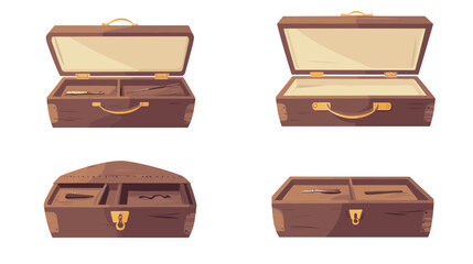 Set of Pixel Art Style Wooden Treasure Chests in Various Open States Isolated on White Background