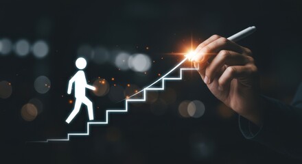 Hand Drawing a Glowing Staircase with a Figure Climbing Upwards, Symbolizing Career Growth, Personal Development, Success Journey, or Achieving Goals