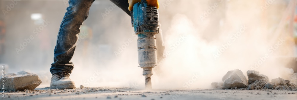 Poster worker operates jackhammer in construction site with motion blur showcasing action and dust particle
