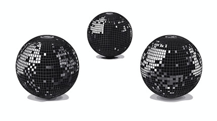 Three Geometric Spheres with Pixelated Surface and Grid Pattern Against White Background