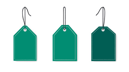 Three Green Paper Tags Hanging with String on a White Background for Retail Promotion and Product Labeling