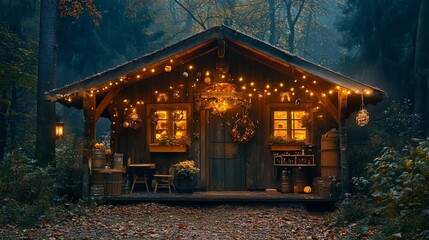 Cozy cabin in the woods, illuminated by fairy lights, evoking tranquility