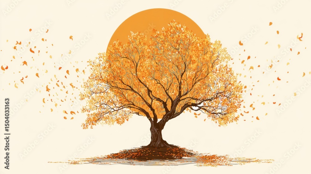 Aufkleber bodhi tree in autumn with vibrant falling leaves around a central open space against a warm sunlit b