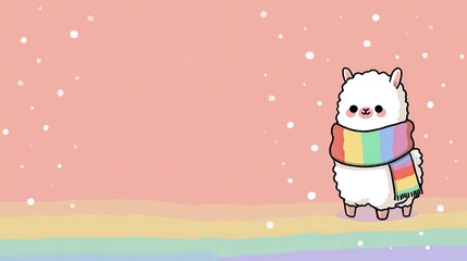 Fototapeta premium Cute Alpaca in Rainbow Scarf Standing in Snow