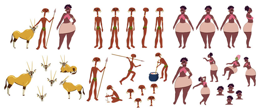 Cartoon African Characters: Hunter, Woman, and Antelope in Traditional Attire