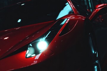 The spotlight is on a red sports car, which appears shiny, new, and luxurious, set against black