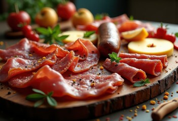 savory meat platter colorful spices herbs gourmet delight culinary presentation, cuisine, dish, food, appetizer, seasoning, variety, smoky, flavor, arrangement