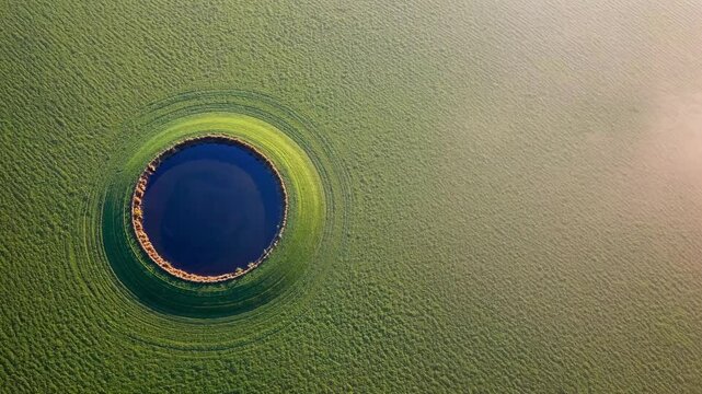 Green lake with circular pattern framed by rich algae growth, emphasizing natural phenomena and abstract mystery