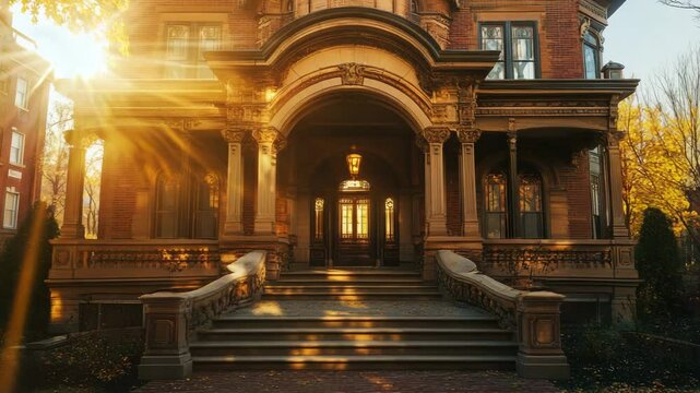 A large brown house with a porch and steps. The house is surrounded by trees and has a lot of sunlight