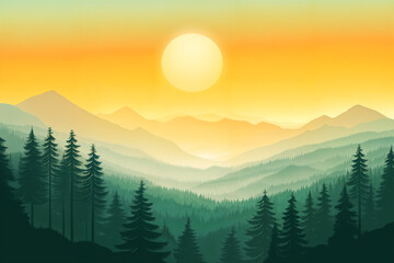 landscape, green mountains with trees, sunset in vector style, cheerful bright white sun, orange sky