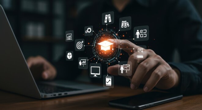 Person Interacting with a Digital Education and E-learning Network, Featuring a Glowing Graduation Cap Icon and Various Online Learning Tools and Resources