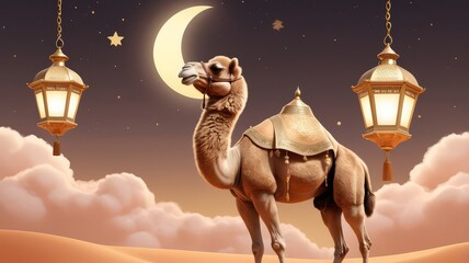 Eid al-Adha: Bakra Eid Painting with Festive Decorations, cow, cattle, camel, lamb, illustration, Background