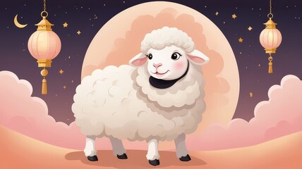 Eid al-Adha: Bakra Eid Painting with Festive Decorations, cow, cattle, camel, lamb, illustration, Background