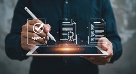 Digital Document Approval and Online Certification: A Person Using a Stylus on a Tablet to Approve Digital Documents, Contracts, or Certifications with Virtual Icons