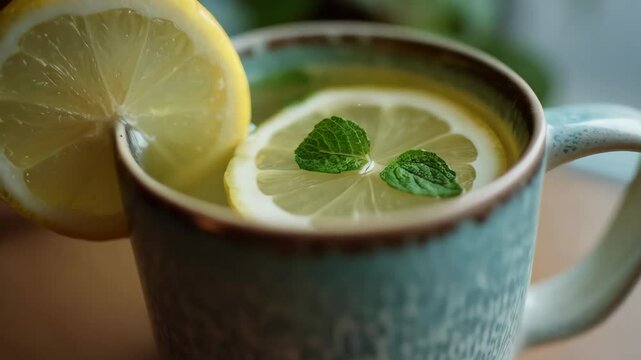 Close-up of a light blue ceramic mug filled with lemon water garnished with fresh mint leaves on a wooden surface with a plant in the background.