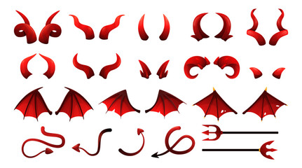 Halloween devil monster costume elements .Red demon horns, spooky bat wings and imp tails, trident of Satan, Lucifer pitchfork. Evil fantasy character attributes cartoon isolated vector illustration.