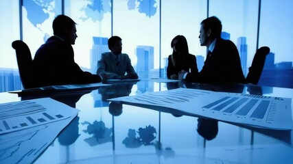 Business meeting office teamwork discussion corporate silhouette chart graph reflection professional strategy in modern cityscape window environment - Powered by Adobe