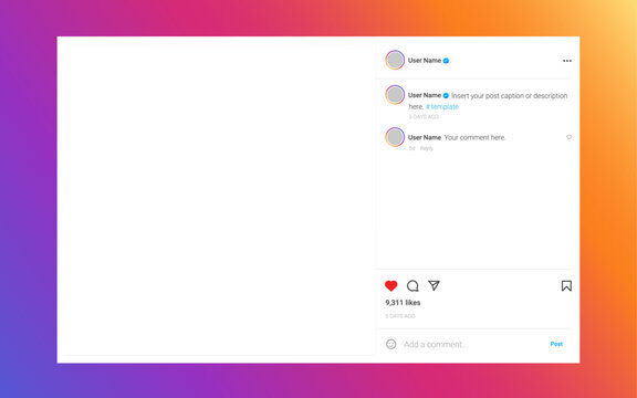 Instagram web interface post template mockup with comment section and social media UI on gradient background for online content sharing and engagement design