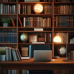 Laptop on wooden desk in a cozy library with bookshelves and warm lighting