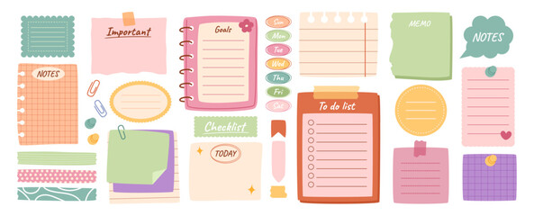 Daily planner elements. Notepad sheets, paper tag with day of week, washi tapes and memo stickers, to do list. Personal organizer, information and mood board vector set.